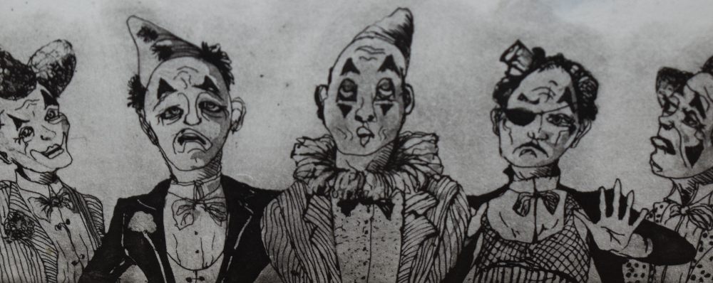 Maggie Kitching (20th Century), engravings, Two illustrations titled '5 Clowns' and '3 Clowns', both