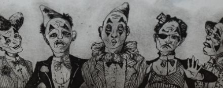 Maggie Kitching (20th Century), engravings, Two illustrations titled '5 Clowns' and '3 Clowns', both