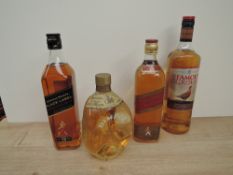 Four bottles of Blended Scottish Whisky, Haig's Dimple, 70 proof 26 2/3 fl oz, Famous Grouse 40%,