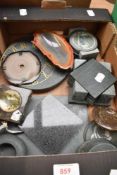 A small carton of assorted slate items including coasters, and clock faces sold alongside an agate