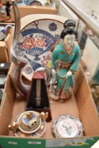 A small collection of Oriental style items including a pretty plate having fan design, a Geisha