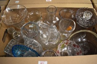 A carton of assorted cut and pressed glass including vases, bowls and salts etc.