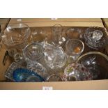 A carton of assorted cut and pressed glass including vases, bowls and salts etc.