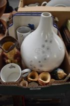 Two blue and white Lakeland serving dishes, a contemporary stylised bulbous vase and a small