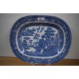 A large 19th century blue and white transfer-printed Willow Pattern meat plate or ashette, with