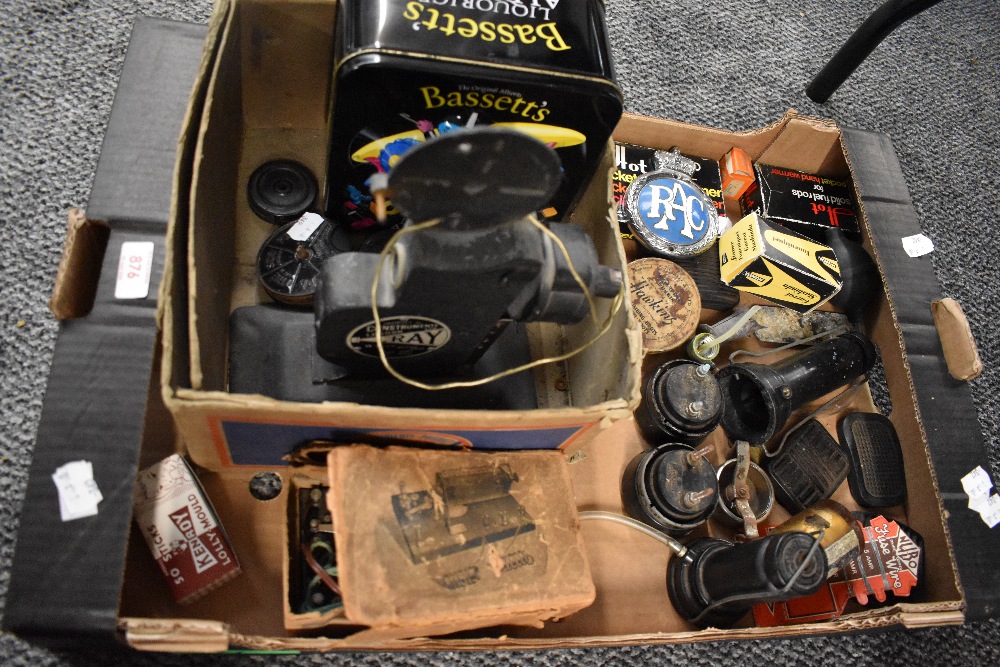 A box of vintage collectable items incuding a Ray Construments Ltd, London projector AF, a blue