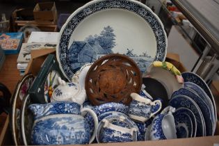 An assortment of ceramics, including blue and white plates, Masons 'Regency' saucers, salt and