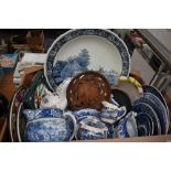 An assortment of ceramics, including blue and white plates, Masons 'Regency' saucers, salt and