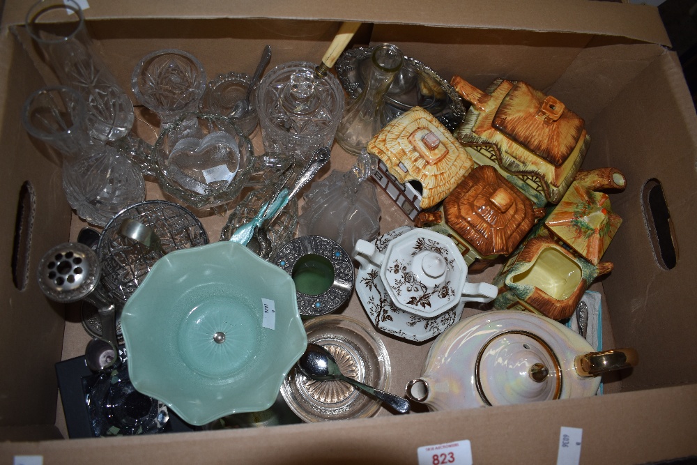 A small selection of cut and pressed glass including vases, jam pots and a rose bowl, a Royal