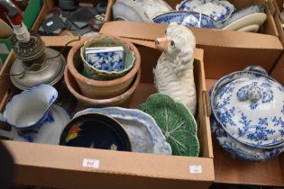 A selection of vintage planters, a Staffordshire flatback dog, an oil lamp base and a large tureen.