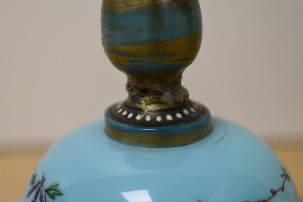 A Victorian Aesthetic perid enamelled opaline lidded glass vase, hand decorated with butterflies and - Image 2 of 5