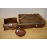 A 19th Century pine cutlery tray, measuring 33cm long, a vintage leather measuring tape, and a