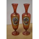 A pair of late 19th/early 20th Century Bohemian glass vases, decorated with vignettes of floral