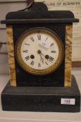 A Victorian marble and slate mantel clock, of architectural form with enamel dial bearing Roman