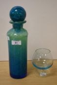 A 20th Century Mdina turquoise art glass decanter with stopper, measuring 30cm tall, and a brandy