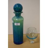 A 20th Century Mdina turquoise art glass decanter with stopper, measuring 30cm tall, and a brandy