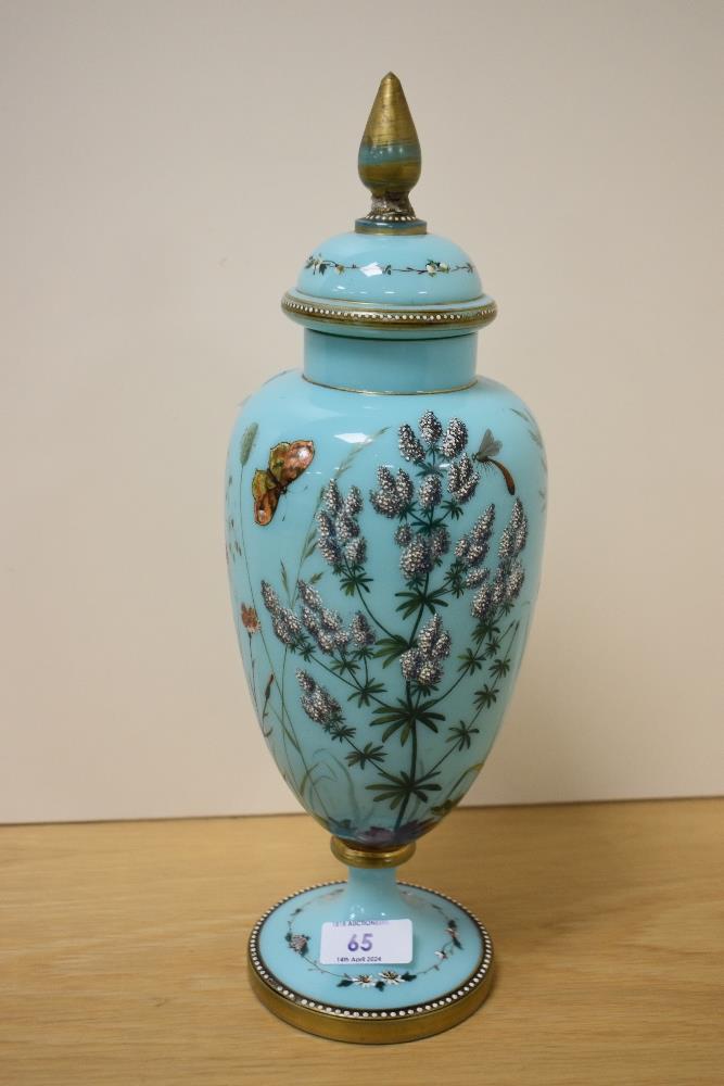 A Victorian Aesthetic perid enamelled opaline lidded glass vase, hand decorated with butterflies and