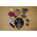 An assortment of costume brooches, including a large stags head, a Celtic knot motif example,
