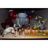 A large selection of assorted mid century glassware and ornaments including a kitsch telephone, a