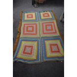 A large bright and cheerful vintage crocheted blanket, AF, some wear.