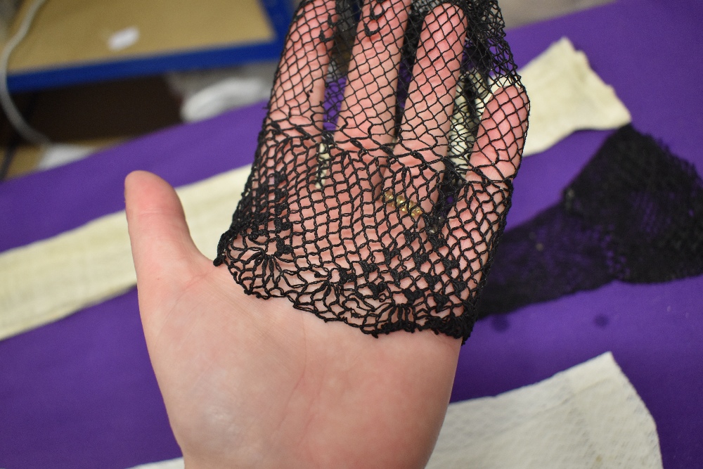 A pair of late Victorian fingerless mitts, a pair of 1920s white gloves, a pair of 1930s black net - Image 10 of 10