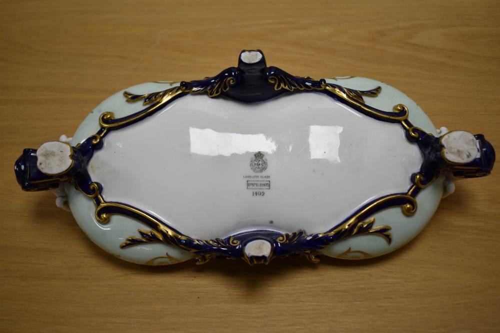 A Royal Worcester porcelain centre piece of waisted form, having duck egg blue and Royal blue ground - Image 4 of 5