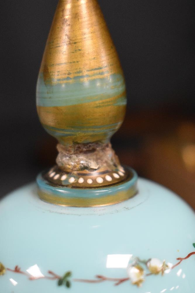 A Victorian Aesthetic perid enamelled opaline lidded glass vase, hand decorated with butterflies and - Image 5 of 5