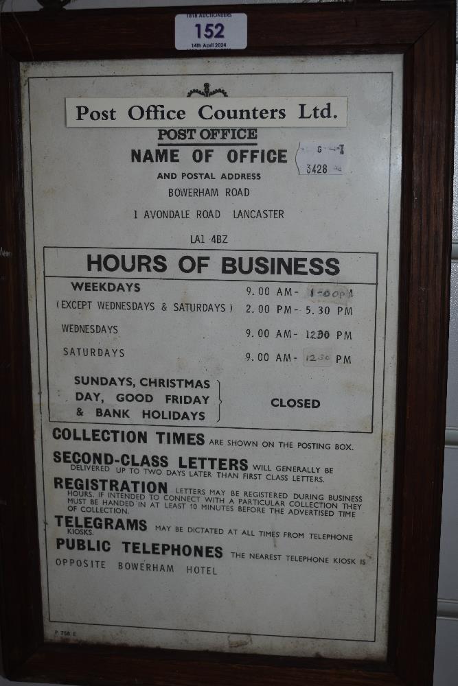 A vintage Bowerham Road, Lancaster, Post Office shop sign framed in oak.