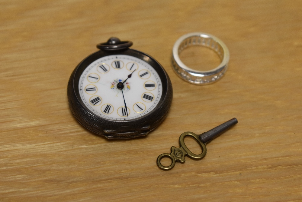 A continental silver cased fob watch, with enamelled roman dial and key, plus a contemporary glass