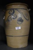 A Victorian stoneware slop pail, decorated with a blue stylised design, with two carrying handles,