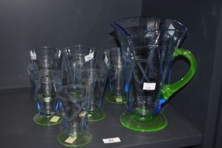 An Art Deco period etched glass lemonade set, comprising jug and six glasses