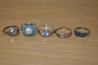 A collection of costume jewellery rings including a silver marcasite set double heart ring and a