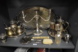 An assortment of items, including candlesticks, dressing table set, tea and coffee pots, tray etc.