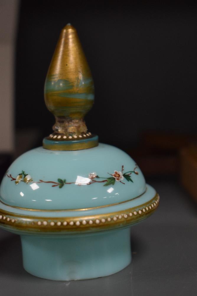 A Victorian Aesthetic perid enamelled opaline lidded glass vase, hand decorated with butterflies and - Image 3 of 5