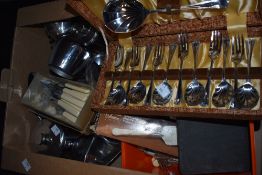 A selection of assorted flatware and cutlery including a boxed desert set and an assortment of tea