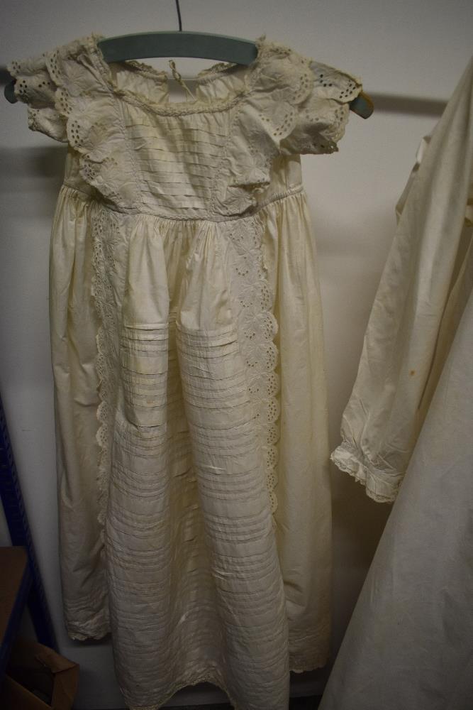 Three antique babies gowns (some AF, darns etc) a bonnet, an early 20th century coat and an adults - Image 9 of 13