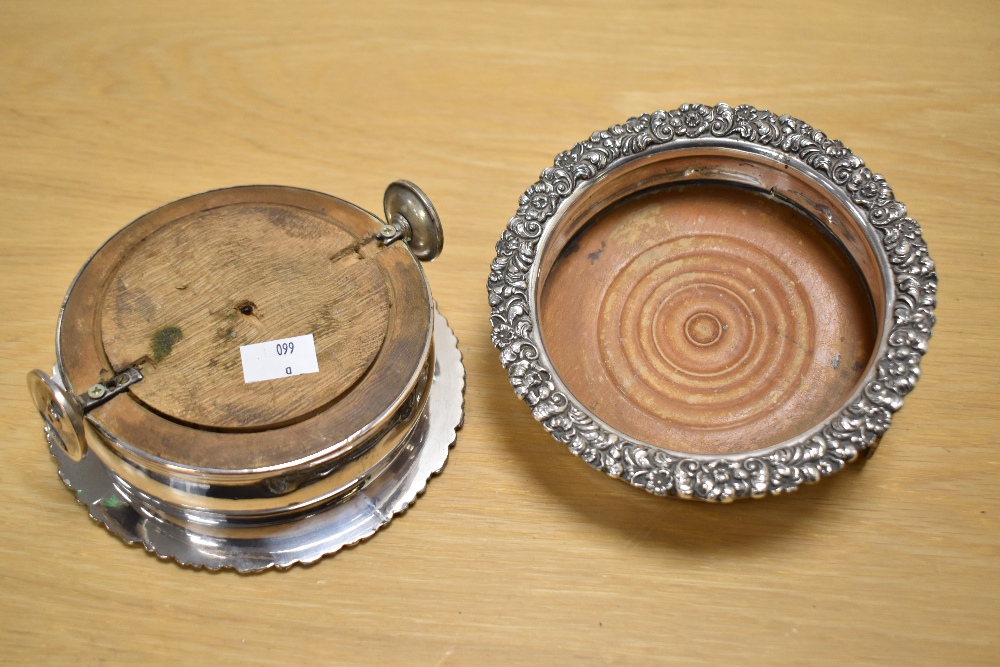 A pair of silver plated candlesticks and two unusual champagne or spirit coasters, having later - Image 4 of 4