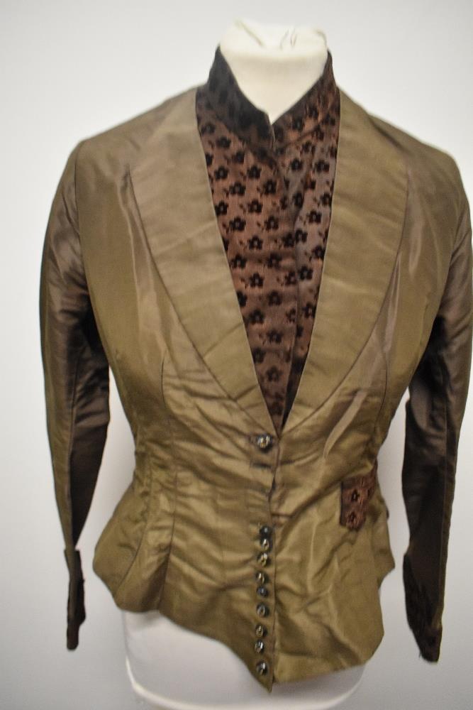 A Victorian brown silk bodice, with contrasting chestnut brown flocked cuffs, bid and pocket, - Image 9 of 9