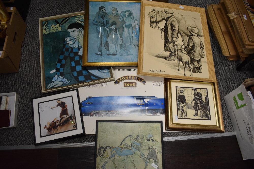 A small selection of pictures and prints including Seated Harlequin by Pablo Picasso, corporal