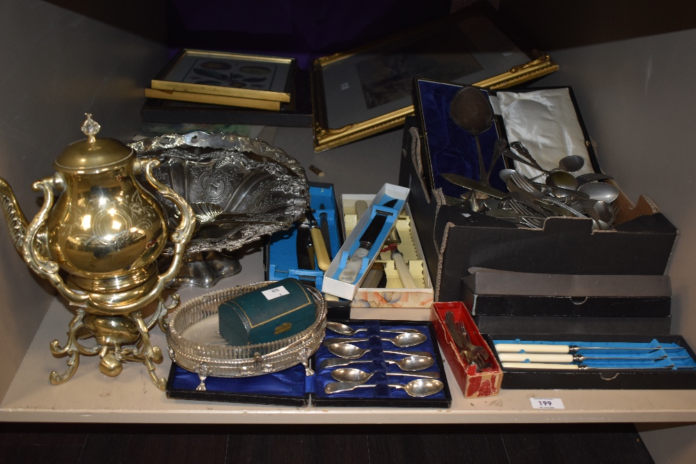 An large ornate plated basket sold along with a selection of boxed and loose flatware and cutlery