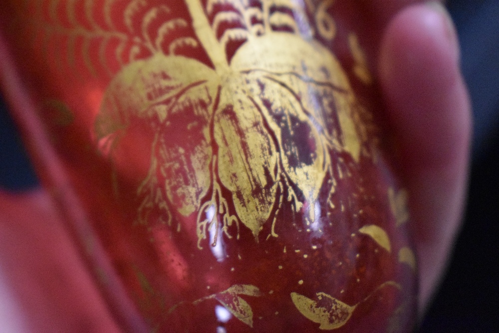 A pair of late 19th/early 20th Century Bohemian glass vases, decorated with vignettes of floral - Image 3 of 3