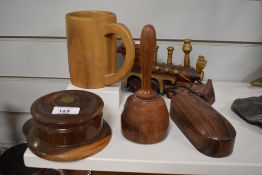 A small selection of wooden items including a turned treen box with a Jamaican farthing insert to