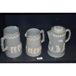 Two Copeland Spode stoneware jugs, decorated with classical figures against a pastel ground, and a