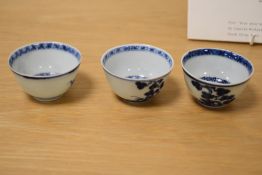 A trio of blue pine style tea bowls, sold with an invoice from Heirloom and Howard limited,