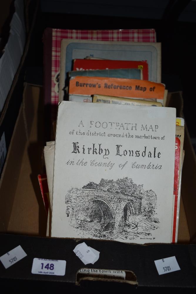 A carton of assorted vintage maps and guides ranging from local areas to England, Scotland and