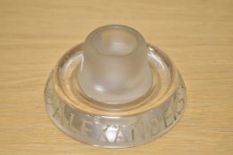 A vintage glass advertising ashtray/vesta, branded for Alexanders mineral water, of local interest