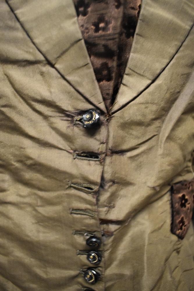 A Victorian brown silk bodice, with contrasting chestnut brown flocked cuffs, bid and pocket, - Image 6 of 9