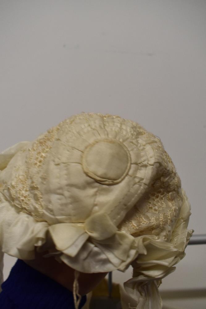 Three antique babies gowns (some AF, darns etc) a bonnet, an early 20th century coat and an adults - Image 11 of 13