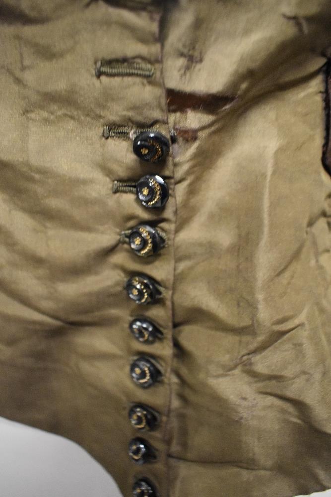 A Victorian brown silk bodice, with contrasting chestnut brown flocked cuffs, bid and pocket, - Image 7 of 9