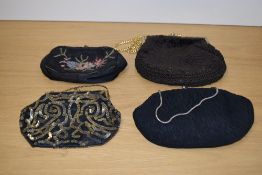 Four vintage evening bags, including 1920s embroidered satin bag, 30s sequinned bag and Italian made